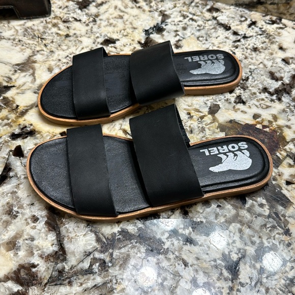 Sorel Black Leather Double Strap Ella II Slide Sandals Size 5 - Picture 3 of 5